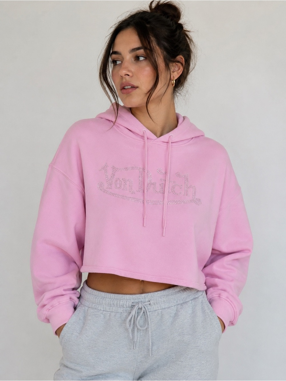 Von Dutch Pink Cropped Women’s XL Hoodie Rhinestone Logo Pullover Sweatshirt